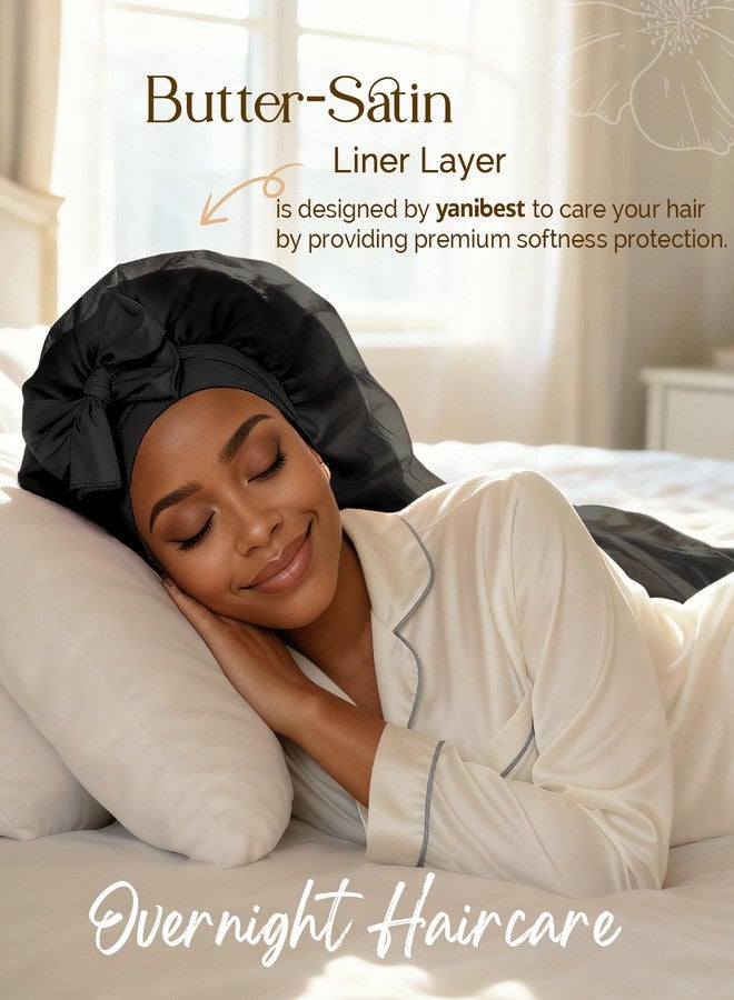 YANIBEST Silk Bonnet for Sleeping Women Satin Lined Braid Bonnet with Breathable Tie Band for Curly Hair Black - Image 2